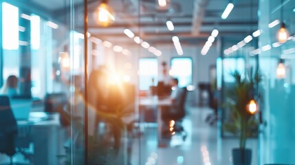 Modern office space with glass walls, contemporary lighting, and workspace setup, captured with a soft-focus effect during sunset.