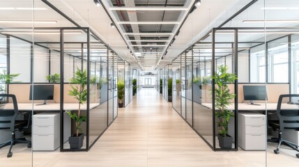 Modern office space with glass partitions, workstations, and natural light creating an open and professional work environment.