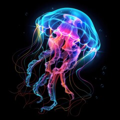 Fototapeta premium Glowing Neon Jellyfish Vector Illustration on Black Background in 8K HDR - High Quality Vibrant Gradients and Flowing Tentacles, Generative Ai