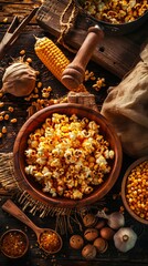 Fototapeta premium Corn kernels, nuts, and other food items on a wooden table.
