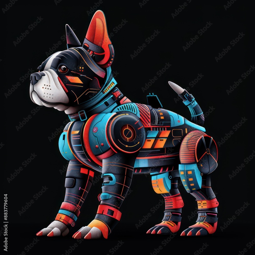 Aufkleber retro robot dog with pixelated patterns in neon gradients - vector illustration on black background 