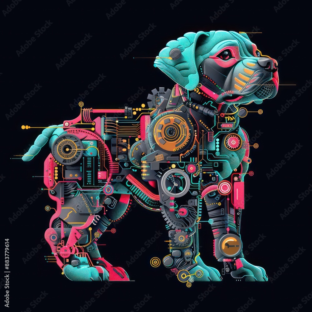 Aufkleber retro robot dog in pixelated patterns - vector illustration with neon gradients on black background 