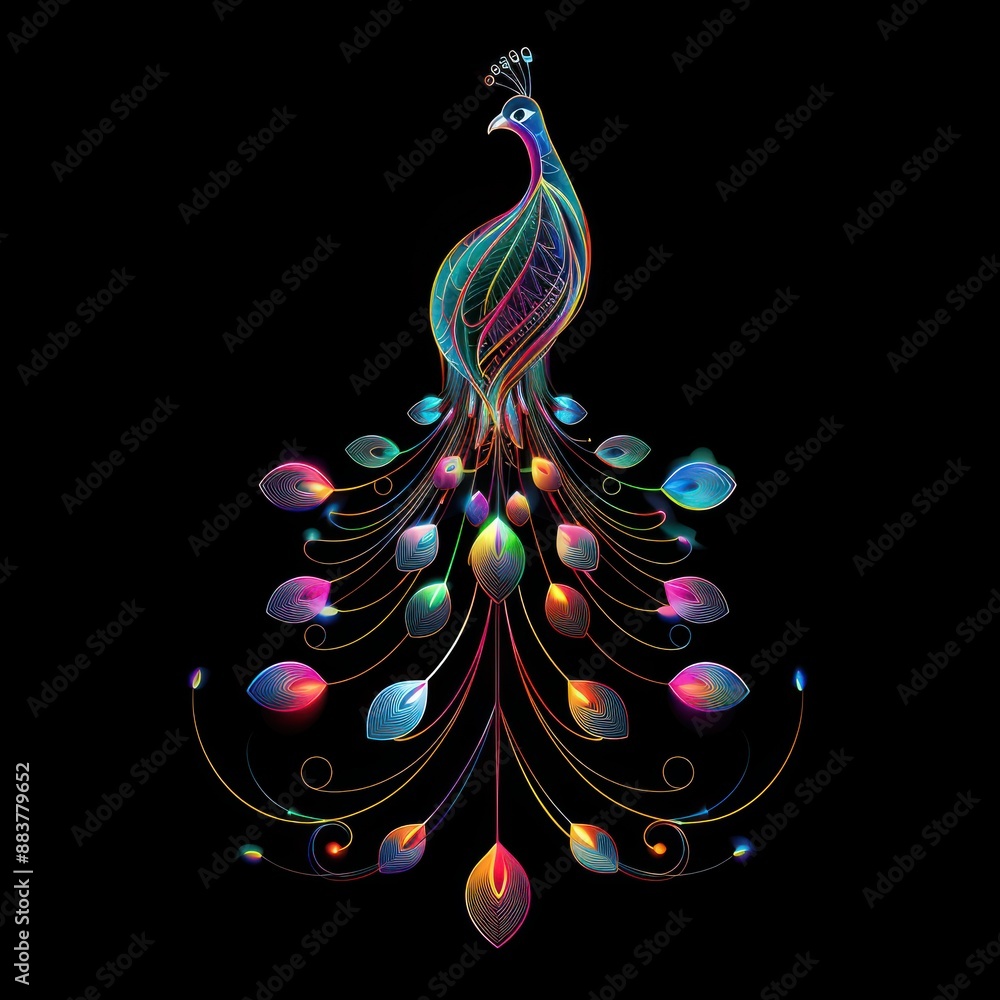 Poster luminous neon peacock: vibrant vector illustration with simple lines and colorful gradients on a bla