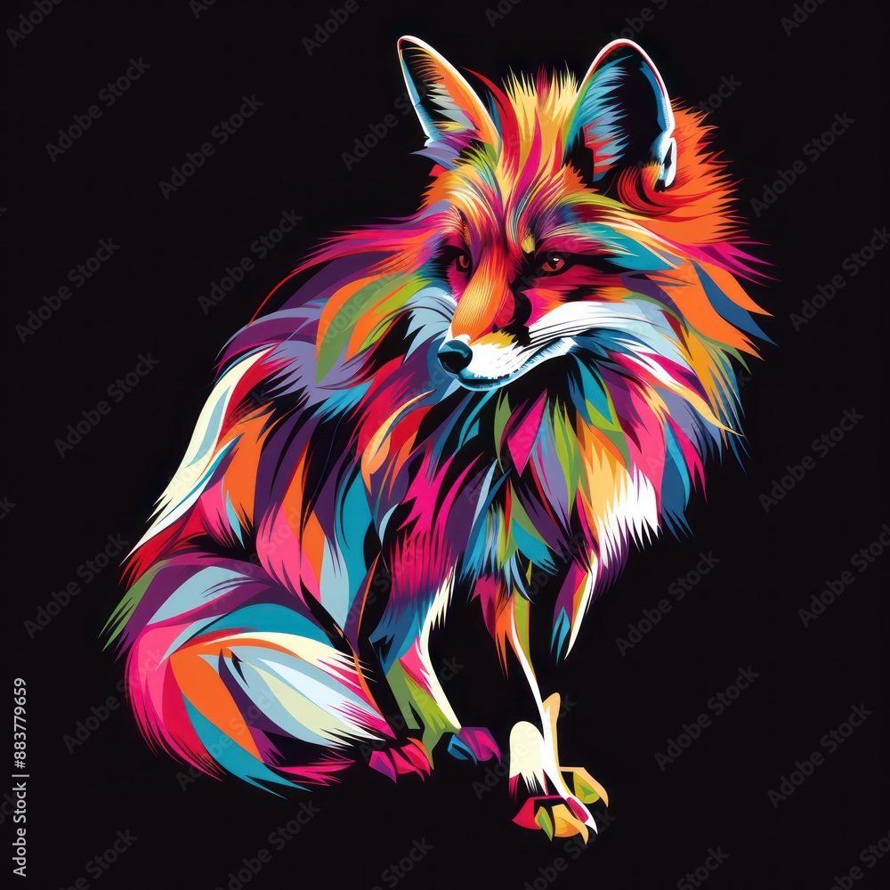 Poster vibrant fox in 3d style - colorful vector illustration on black background with simple shapes and gr