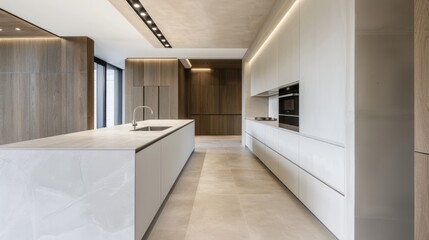 Modern minimalist kitchen interior design featuring sleek cabinetry, spacious countertops, and natural wood accents with ample lighting.