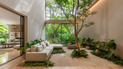 Fototapeta premium Modern living room with large windows, indoor garden, and natural light creating a serene and inviting atmosphere.