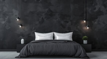 Modern bedroom interior with dark walls, stylish lighting, and cozy bedding. A minimalist design with a touch of elegance and sophistication.