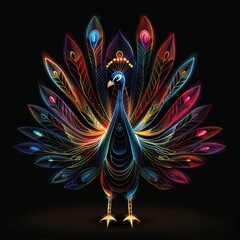 Electric Peacock - Vibrant Neon Vector Illustration on Black Background with Colorful Gradients in 3D Style | Digital Art, Generative Ai