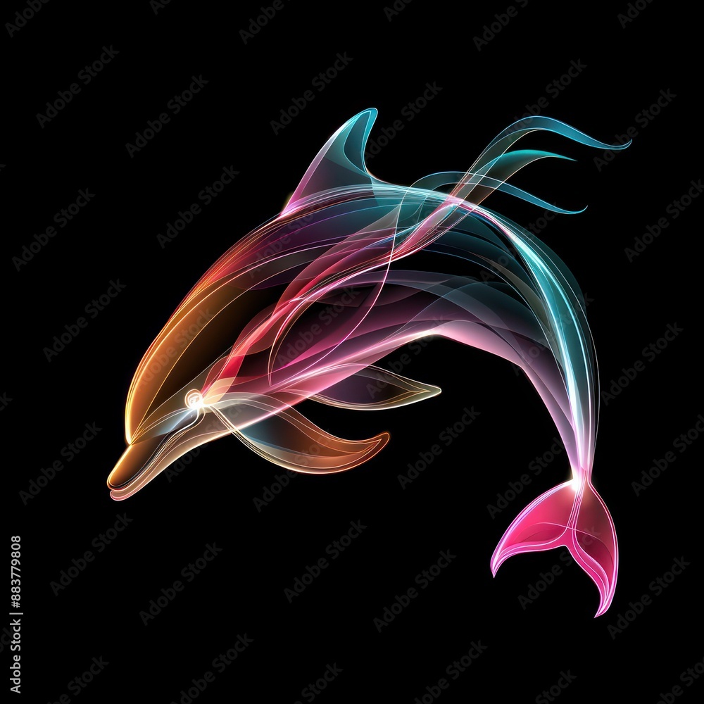 Aufkleber glowing dolphin - vibrant vector illustration with colorful gradients on black background in 3d styl