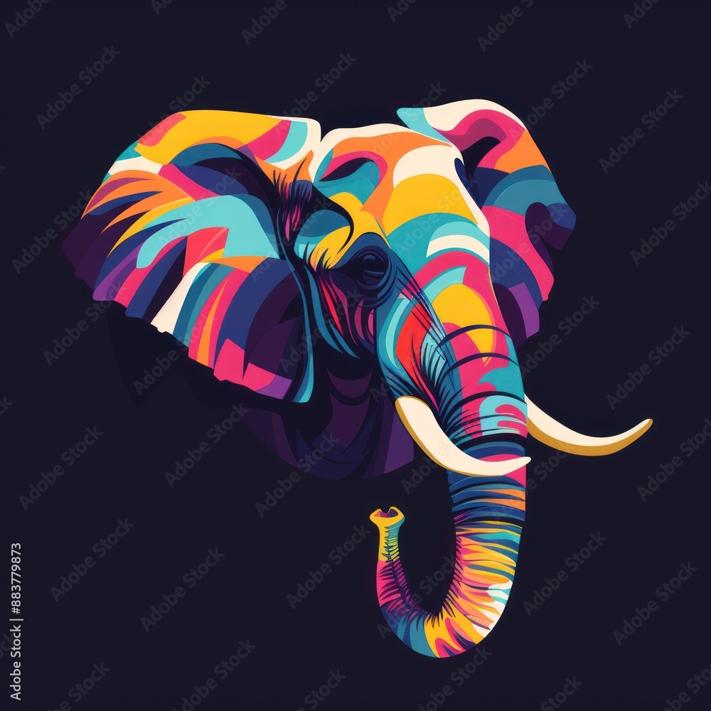 Poster majestic elephant in vibrant 3d vector art on dark background with gradient colors, generative ai