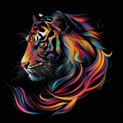 Obraz premium Magnificent Tiger Vector Illustration on Black Background with Elegant 3D Style and Vibrant Color Gradients in High Quality 8K HDR - Digital Art Concept, Generative Ai