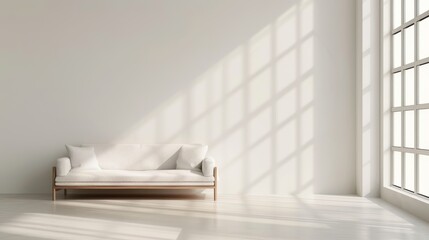 Minimalistic living room with natural light, showcasing a white couch against a large window with shadows, creating a serene atmosphere.