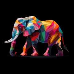 Majestic Elephant in Vibrant 3D Style - Vector Illustration on Black Background with Colorful Gradients and Simple Lines, Generative Ai