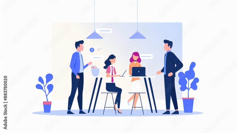 Poster illustration of a business meeting with four people discussing and working on laptops in a modern of