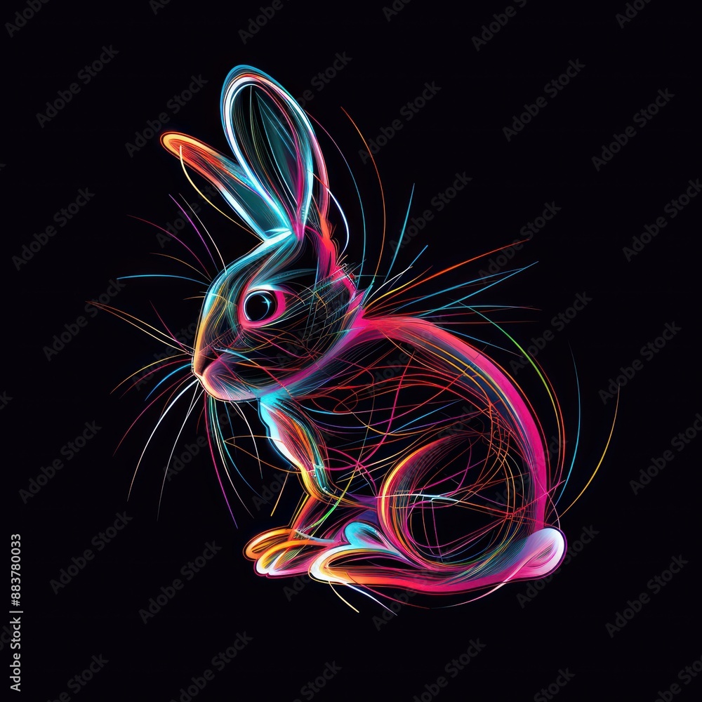 Poster glowing rabbit in 3d style - vibrant vector illustration with colorful gradients on black background