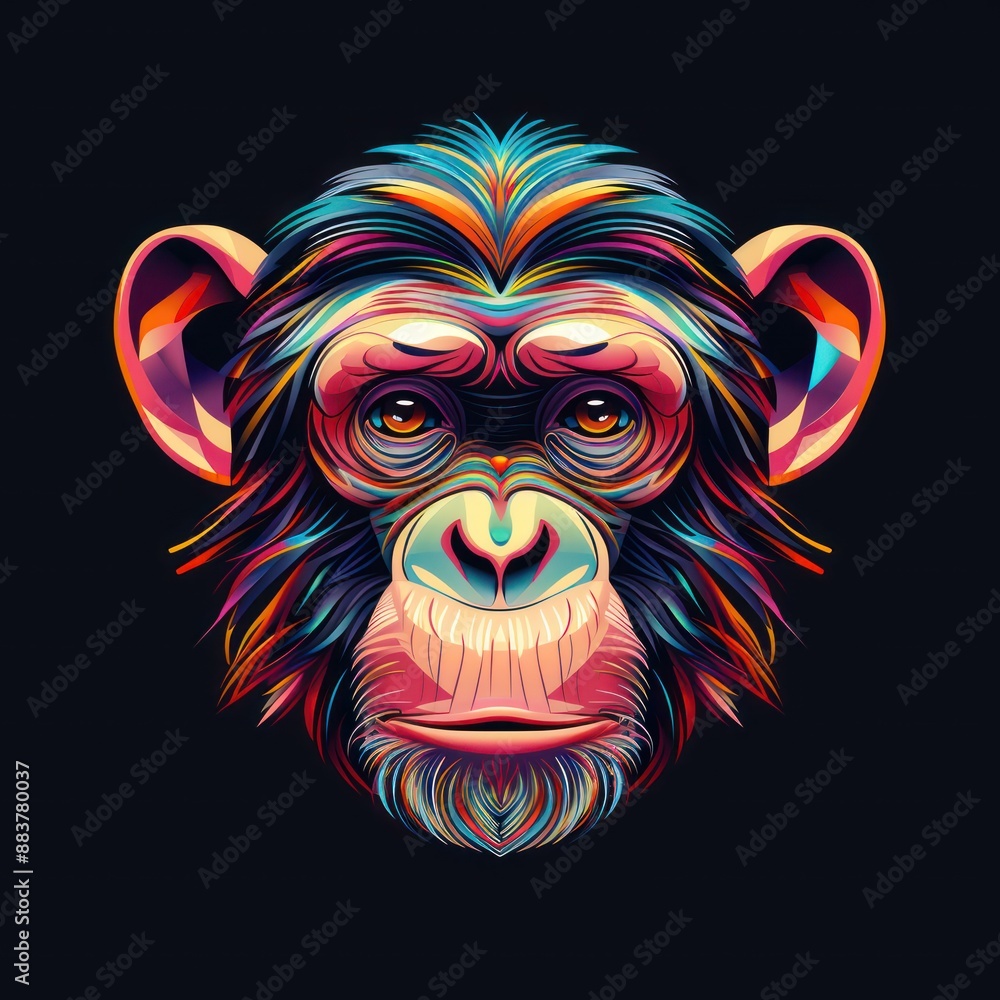 Poster vibrant monkey in 3d style - vector illustration on black background with colorful gradients and sim
