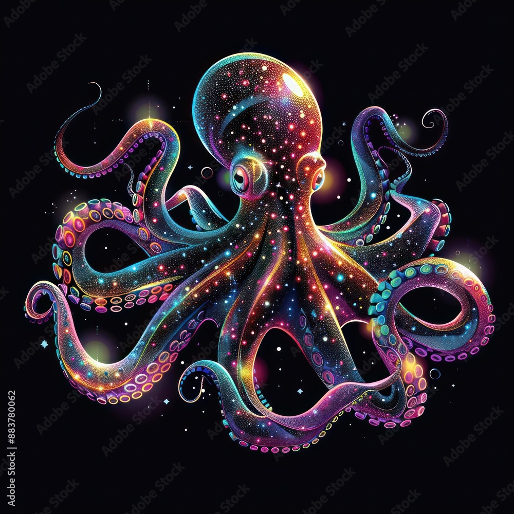 Poster vivid octopus vector illustration in 3d style on black background with colorful gradients - high qua