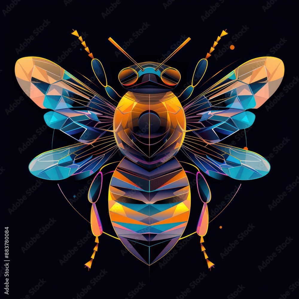 Poster vibrant bee in 3d style - colorful vector illustration on black background with simple lines and gra