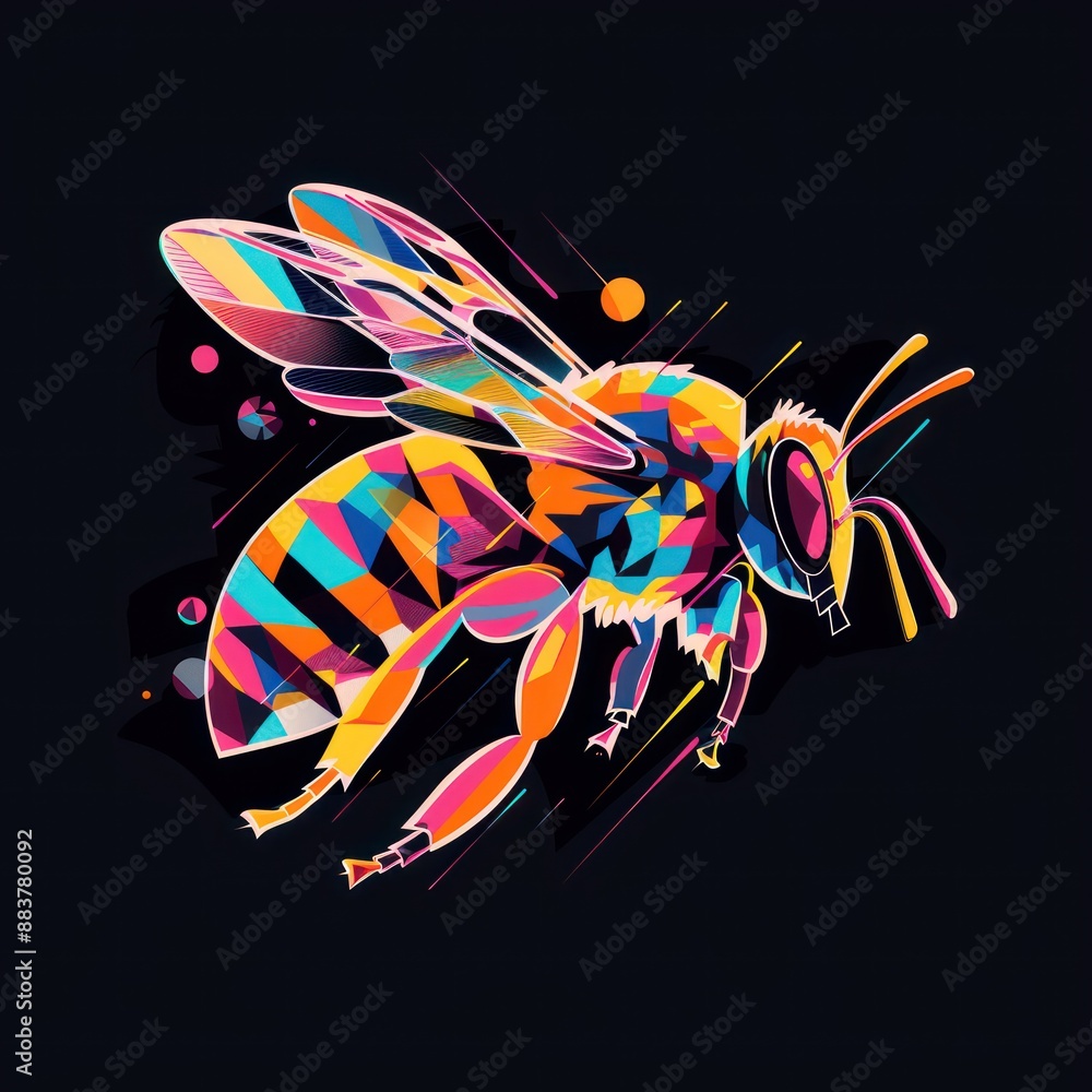 Aufkleber buzzing bee in a colorful 3d style - vibrant vector illustration on dark background with simple line