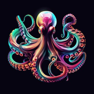 recommend clip art: Vibrant Octopus in 3D Style - High Quality Vector Illustration with Colorful Gradients on Black Background, Generative Ai