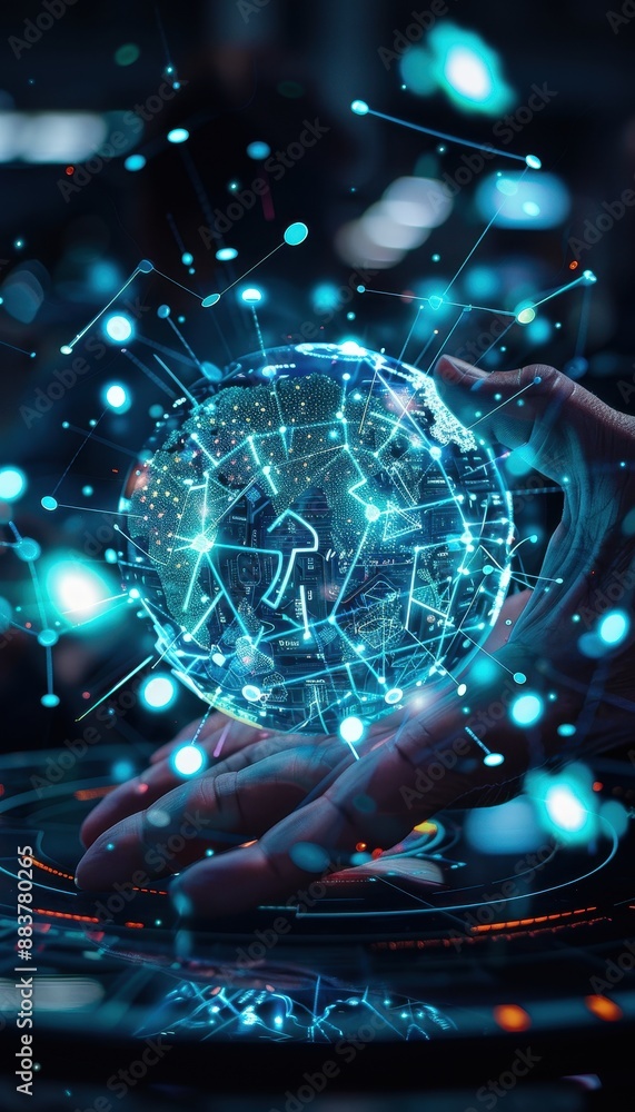 Aufkleber Futuristic technology interface with hand interacting digital sphere, glowing data points and network connections in a dark background.