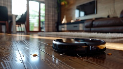 Roomba vacuum cleaner on wooden floor