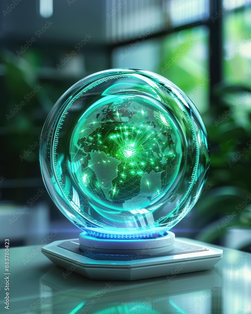 Aufkleber Futuristic glowing green globe on a high-tech device, symbolizing advanced technology and global connectivity in a modern setting.