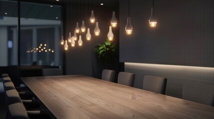 Fototapeta premium Elegant modern conference room with hanging lights, large wooden table, and stylish chairs. Perfect for business meetings and professional discussions.