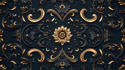 Elegant dark floral pattern with golden elements, perfect for wallpaper, fabric design, or luxurious backgrounds.