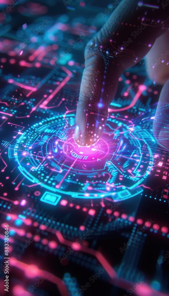Aufkleber Close-up of a finger interacting with a futuristic touch screen interface with neon lights, representing advanced technology and innovation.