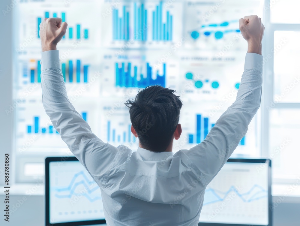 Leinwandbilder Businessman celebrating successful financial results in front of multiple computer monitors displaying charts and graphs.