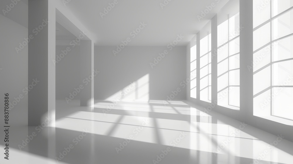 Poster bright empty room with large windows casting shadows on the white floor, showcasing modern interior 