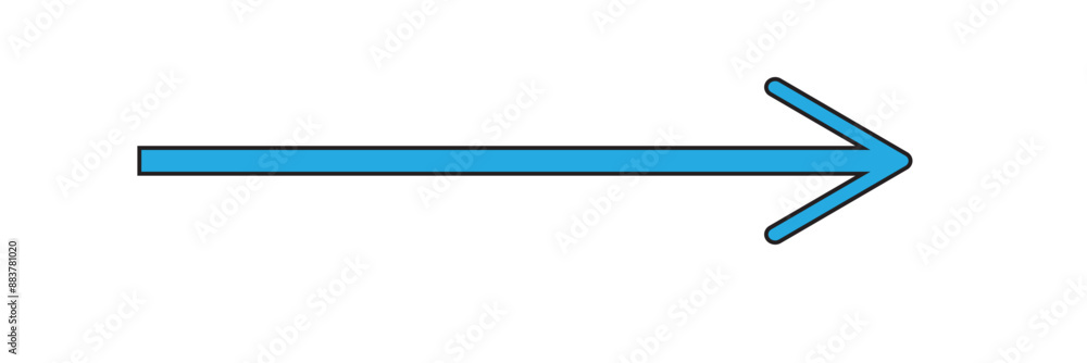 Poster blue long arrow pointing to the right. straight long arrow icon, right thin line, blue cursor, horiz