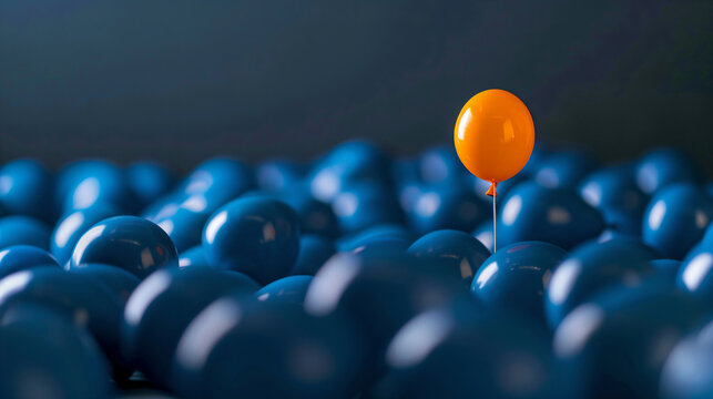 One Orange Balloon Among Blue Balloons.