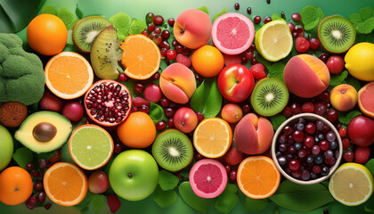 Various kinds of fruit with a colorful and green background; top view for fruits, vegetables or...