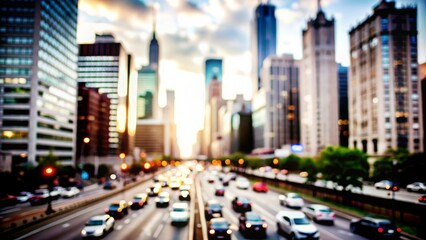 Downtown Blur: A blurred downtown cityscape with skyscrapers and traffic, perfect for urban and city life themes.
