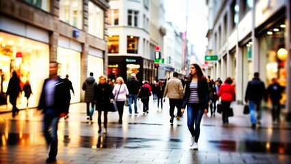 Shopping District Blur: A blurred shopping district with stores and pedestrians, ideal for retail and consumerism themes.
