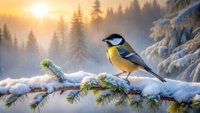 Majestic kohlmeise perched on snowy branch against misty forest backdrop, showcasing serene winter wonderland of untouched German wilderness nature scene.