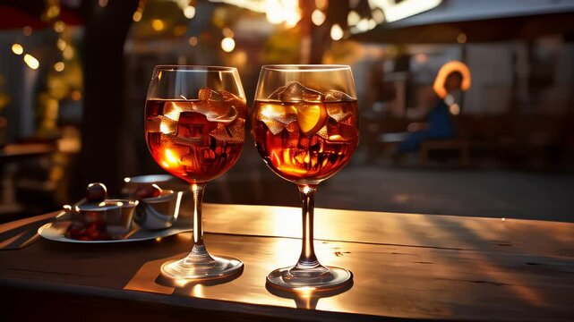 Two glasses of aperol spritz on a patio at sunset