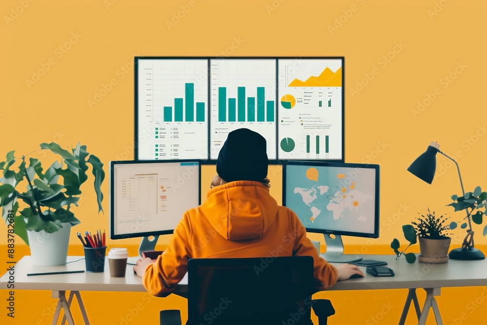 Poster modern remote work setup: virtual meeting in home office with data analytics on multiple screens