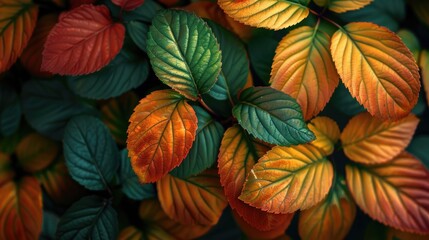 Colorful leaves with raindrops on dark background