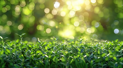 Obraz premium Green plants with a bokeh background, capturing the freshness and vibrancy of nature in a sunlit scene