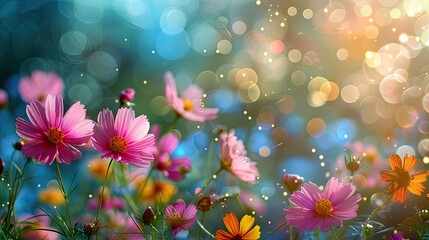 The image is a beautiful depiction of a flower garden in full bloom