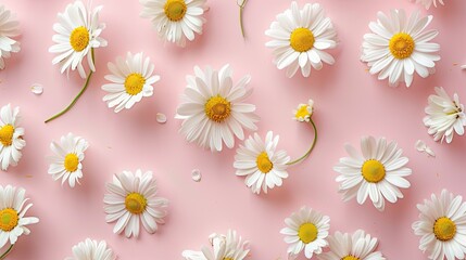 Obraz premium White chamomile flowers on pink background. Floral pattern.