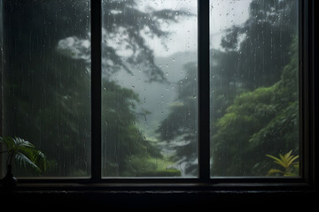 The Serene Symphony of Steady Downpour: An Intimate Perspective of Raindrops on Window Panes Amidst a Stormy Day