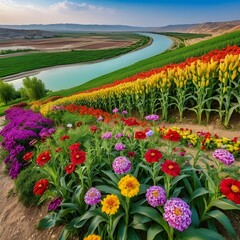Obraz premium paradise flower garden at the foot of the hill, next to corn fields, separated by the Tigris River which is full of colorful gemstones