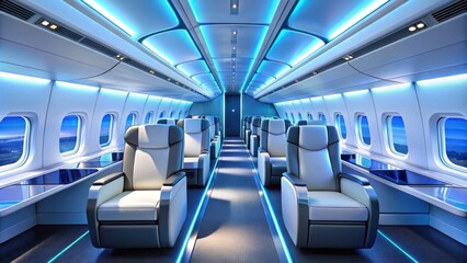 Rows of sleek, modern, empty seats on a futuristic airplane with bright lighting and clean white and blue interior design.