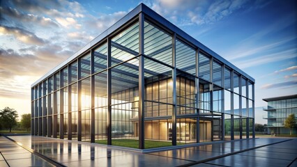 Obraz premium Modern grey concrete office building with sleek glass windows and steel frame isolated on a transparent background perfectly.