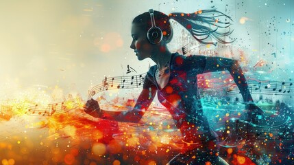Dynamic Female Runner with Headphones and Music Notes in Vibrant Abstract Background