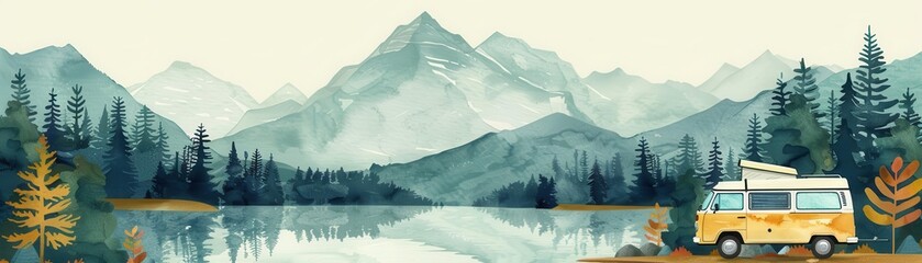 Triadic color scheme, lake and campervan, side view, flat design, watercolor illustration, copy space for text